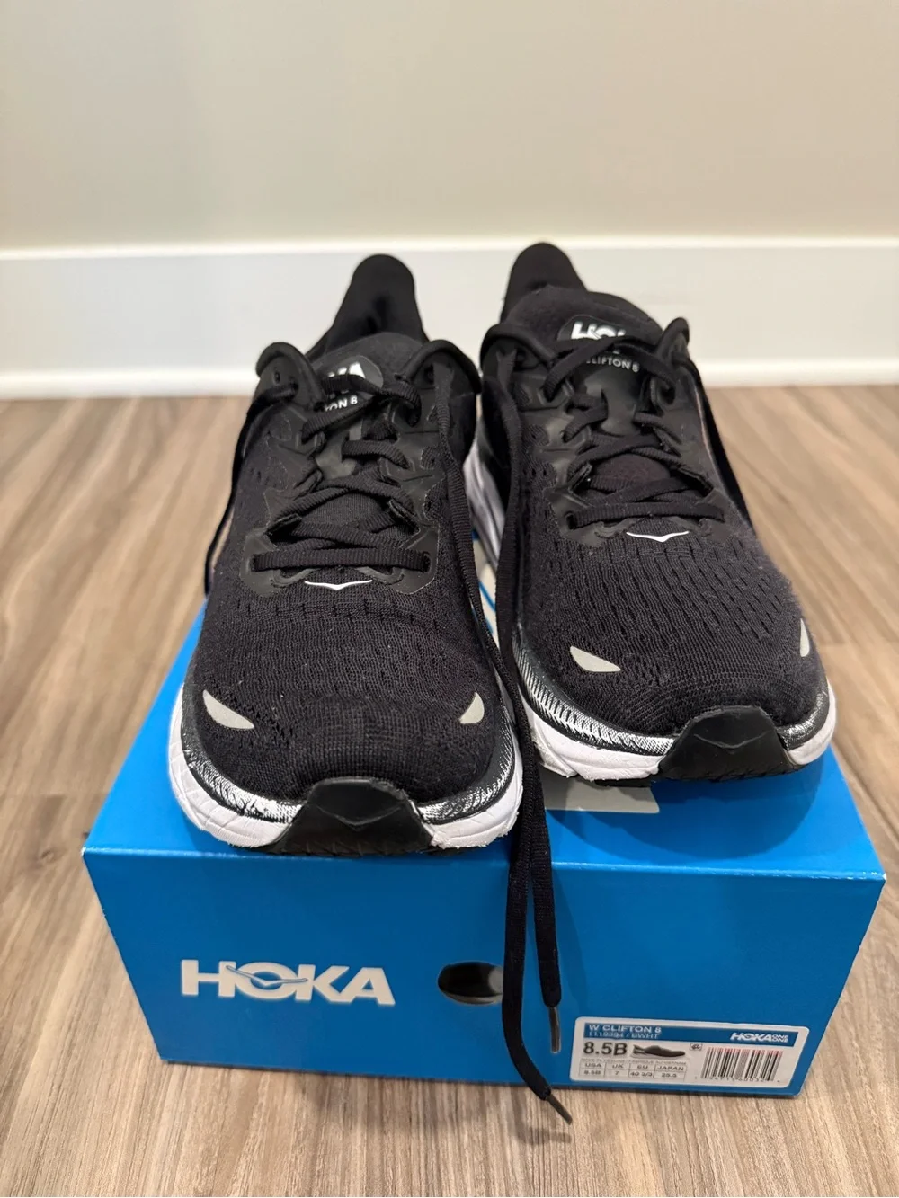 Hoka Women's Clifton 8 Black and White Running Sneakers - Size 8.5